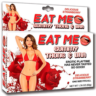 Image of the packaging for the Eat Me Gummy Thong and Bra. Text reads Delicious Strawberry, erotic playtime has never tasted so good, one size fits all, net weight 1.76 oz (50g)