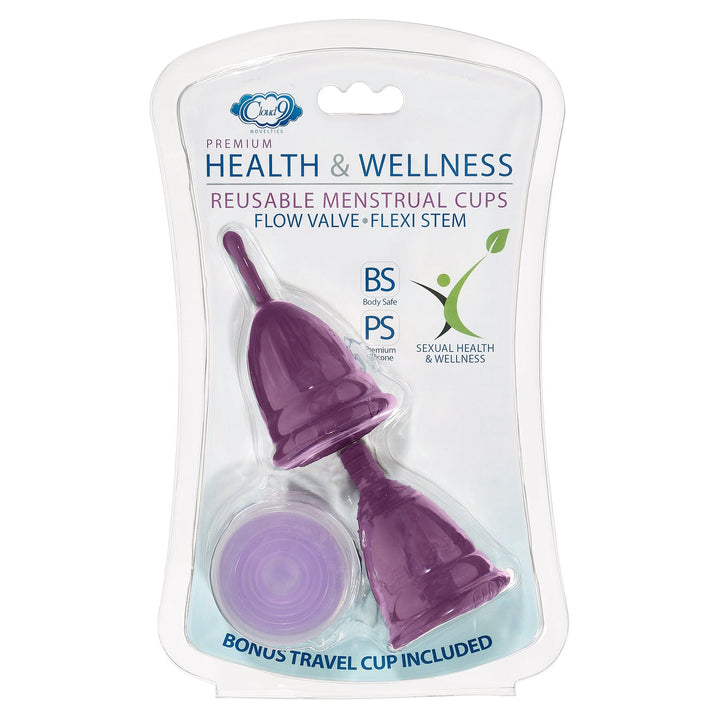 Image of the packaging of the Health and Wellness Reusable Menstrual Cups Set Of 3. Text reads Cloud 9 Premium Health and Wellness Reusable Menstrual Cups, flow valve, flexi stem, body safe, premium silicone, sexual health and wellness, bonus travel cup included.