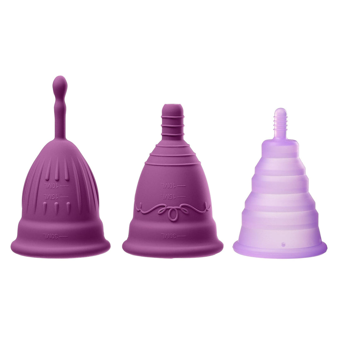 Image of the Health and Wellness Reusable Menstrual Cups Set Of 3. This period cup kit includes 3 different shapes and sizes of reusable silicone menstrual cups.