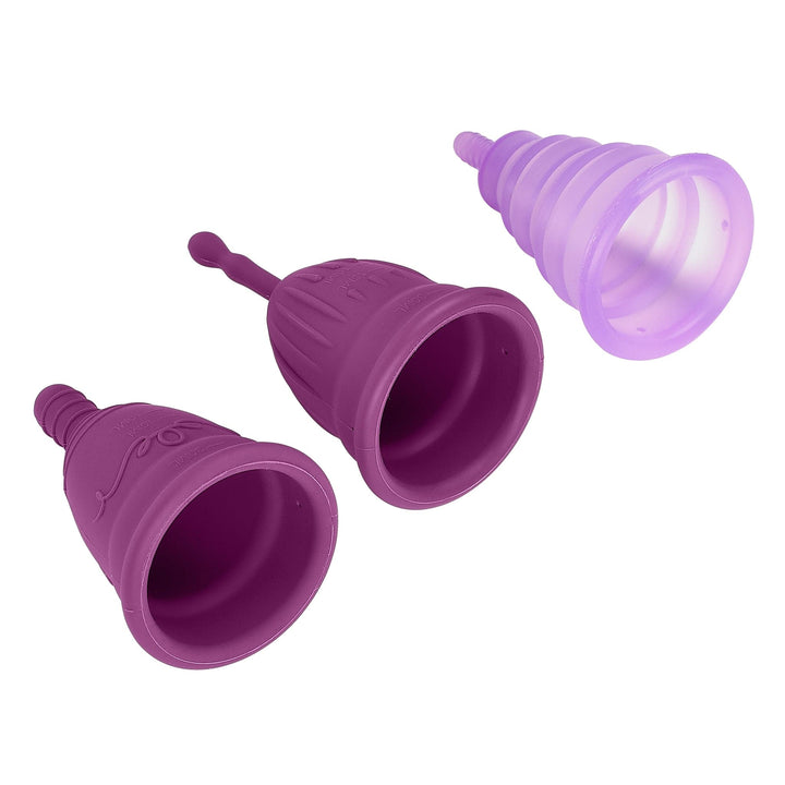 Image of the Health and Wellness Reusable Menstrual Cups Set Of 3 made with soft, flexible silicone material that is hygienic and easy to clean.