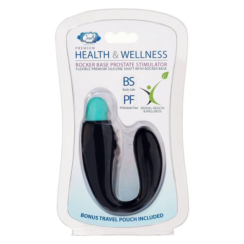 Image of the packaging for the Rocker Rechargeable Vibrating Prostate Stimulator. Text reads Cloud 9 Novelties Premium Health and Wellness Rocker Base Prostate Stimulator, flexible premium silicone shaft with rocker base, body safe, phthalate free, sexual health and wellness, bonus travel pouch included.
