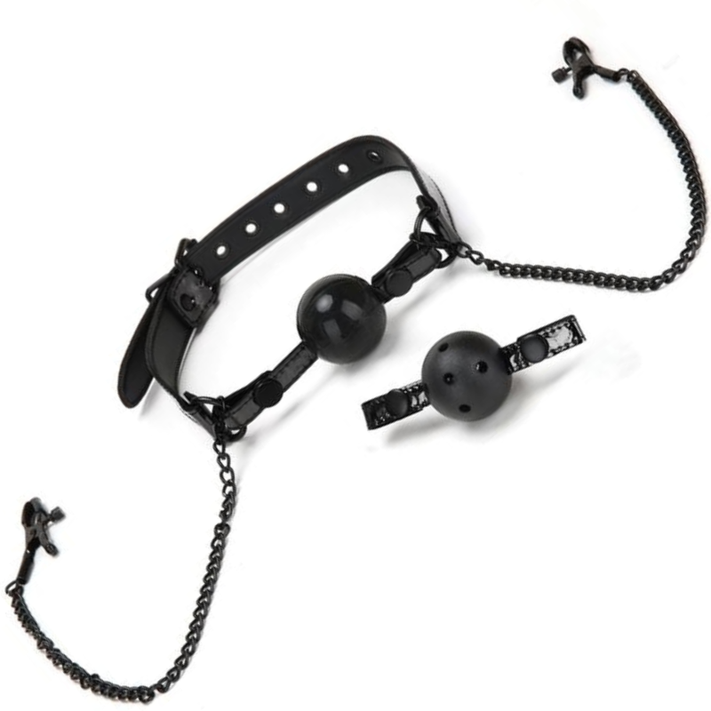 Image of the black ball gag and nipple clamp set.