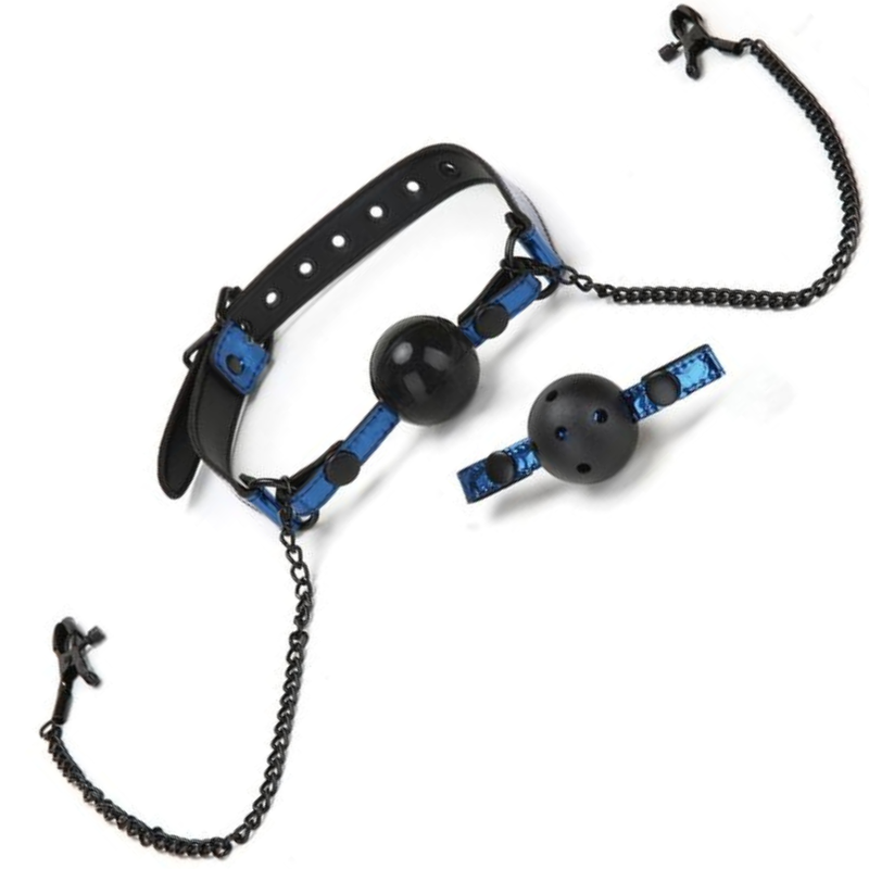 Image of the blue ball gag and nipple clamp set.