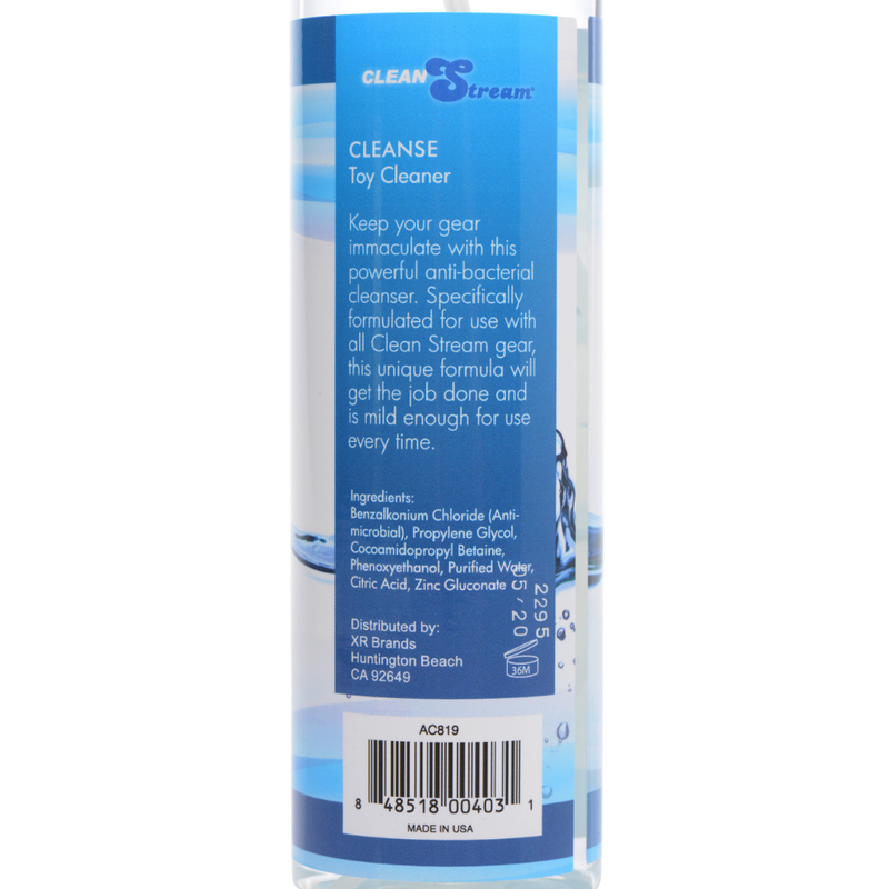 Image of the back of the bottle that shows the ingredients. Ingredients are included in the product description. This powerful yet mild cleaner is a must have addition to your sex toy collection!
