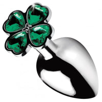 Image of the Booty Sparks Lucky Clover Gem Metal Anal Plug. This weighted metal butt plug has a decorative jewel base in the shape of a shamrock.