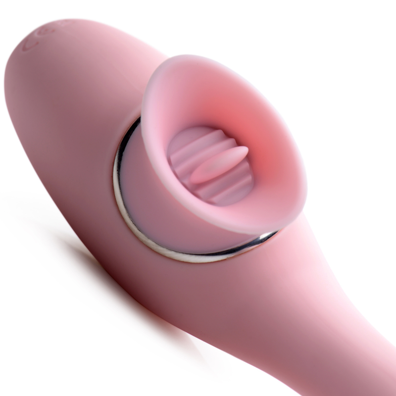 Close up image of the Bendable 2-in-1 Flickering Clit and G-Spot Vibrator showing the clitoral stimulator that has a flickering tongue surrounded by a soft flexible cup that contours to your body around the clitoris.