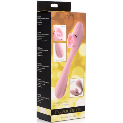 Image of the packaging for Bendable 2-in-1 Flickering Clit and G-Spot Vibrator. Text on packaging reads Inmi Pleasure Bender, Bendable 2-in-1 Vibe, Clit flicker, 10 vibration patterns, posable shaft, simultaneous clitoral and G-spot pleasure.