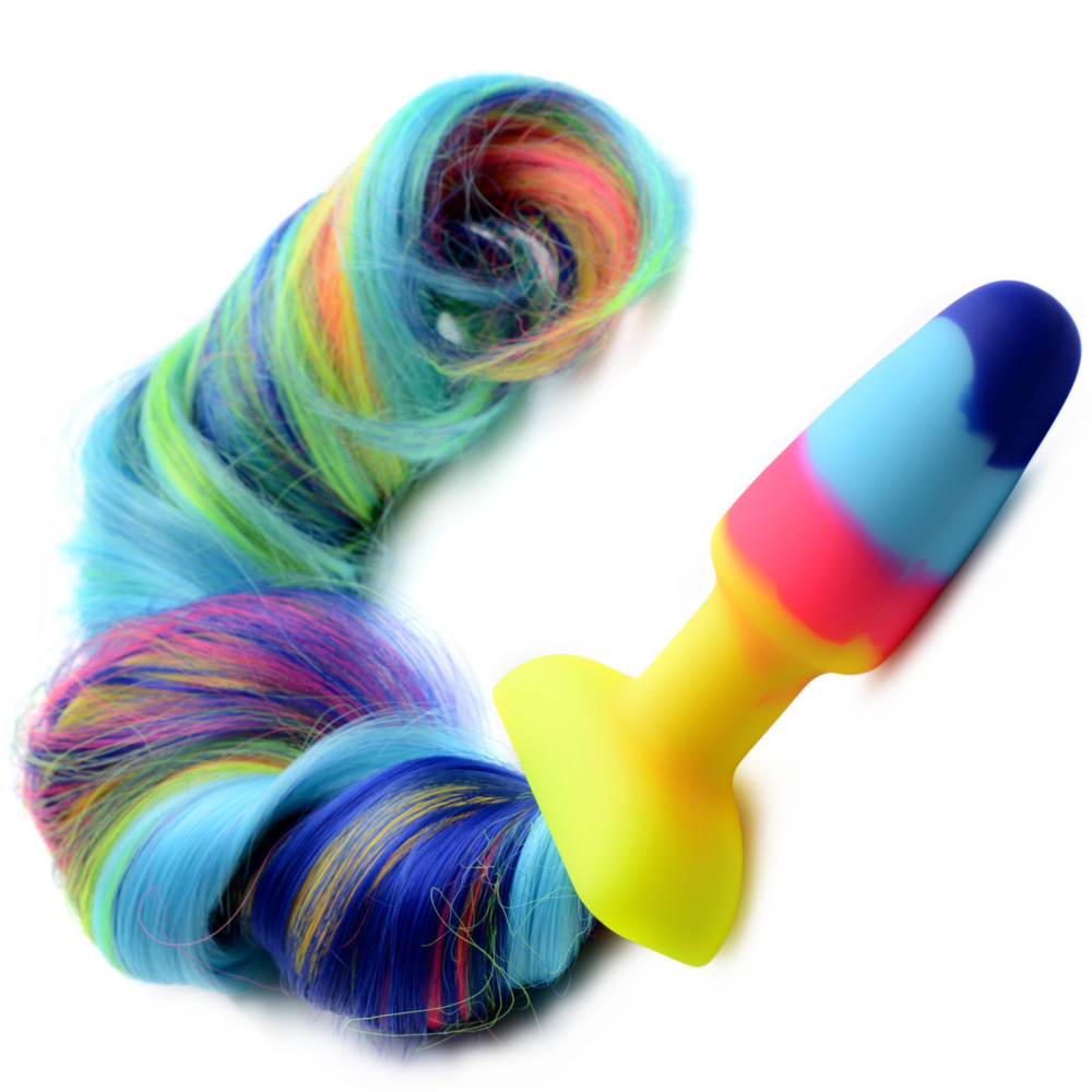 Image of the butt plug tail. This decorative anal toy is perfect for roleplaying in the bedroom! It's unique rainbow design is unlike any other! Shop this one of a kind butt plug today to spice things up!