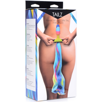 Image of the packaging that the butt plug comes in. This rainbow unicorn tail plug is truly one of a kind and will be sure to spice things up with your partner! Embrace your inner kink with this decorative plug today!