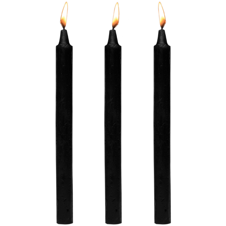Another image of the set of 3 black candles lit. These kinky candles will be sure to spice things up in the bedroom with your lover!