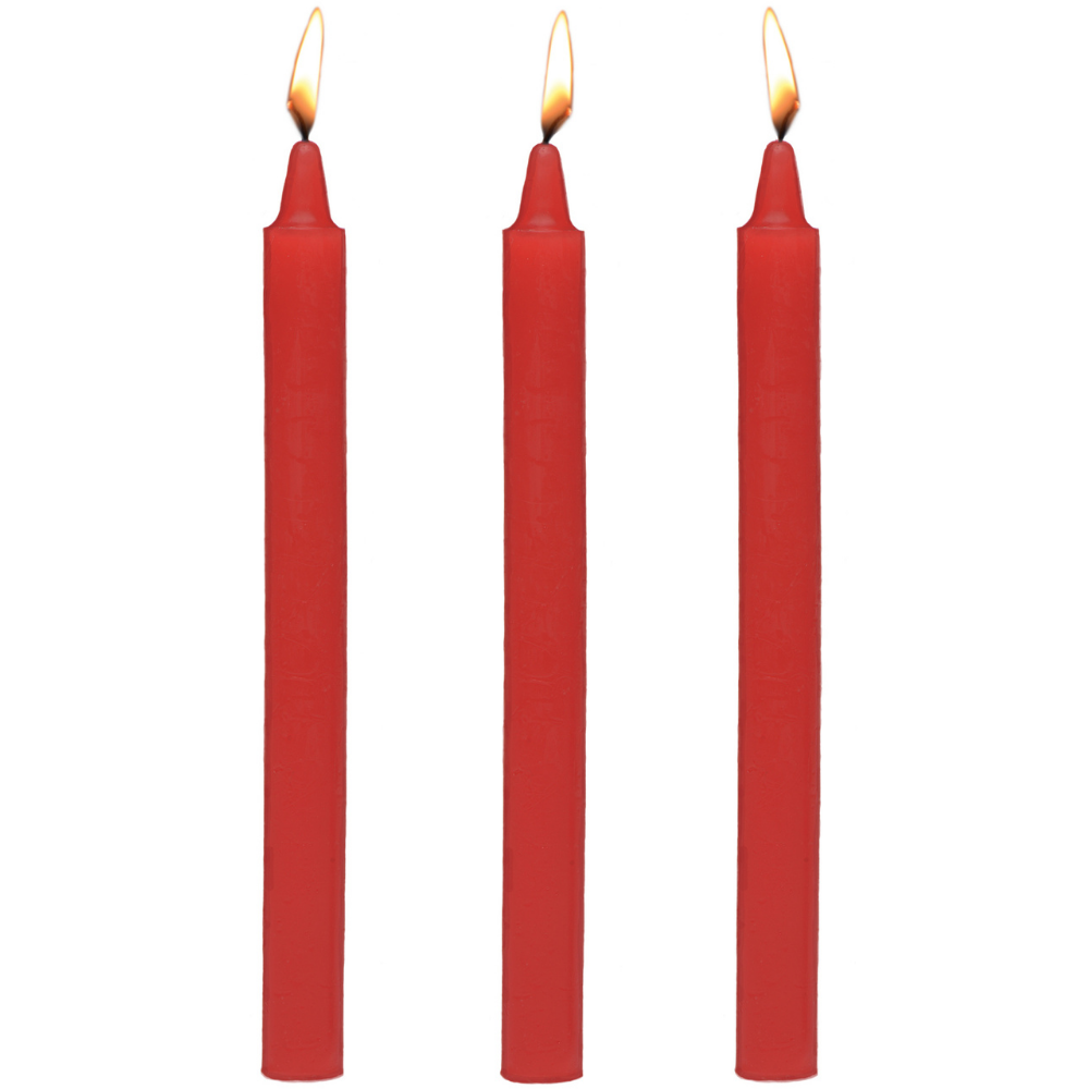 Image of set of 3 red candles lit. Increase you and your partners sexual arousal with these sensual candles! Perfect for kinky foreplay.