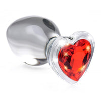 Image of the Booty Sparks Red Heart Gem Glass Anal Plug. This weighted glass butt plug comes in three different sizes and can be heated or cooled for temperature play.