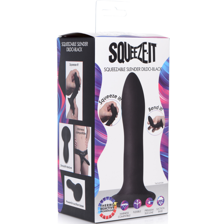 Image of the product packaging. Packaging reads: Squeeze-it. Squeezeable slender dildo