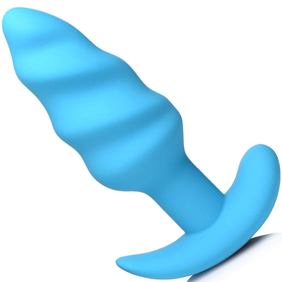Image of the blue Bang! Vibrating Silicone Swirl Butt Plug With Remote Control 