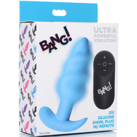 Image of the product packaging of anal plug. Packaging reads: Band! Ultra powerful vibration! 21x silicone swirl plug with remote.