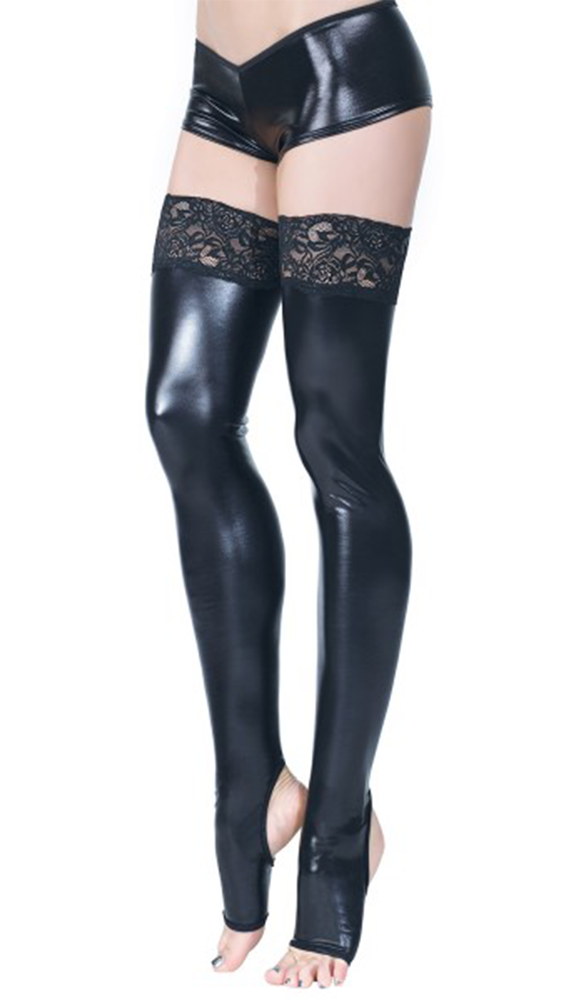 Black Toeless Wet Look Stockings - Lingerie