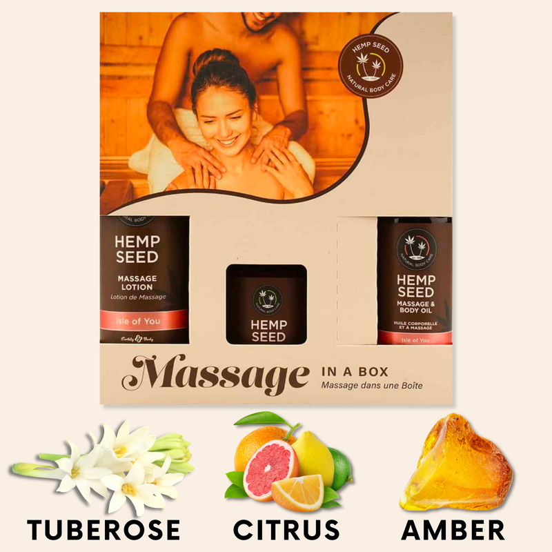 Earthly Body Massage in a box gift set scent: Isle of you has scent notes of: Tuberose, Citrus, and Amber