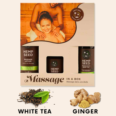 Earthly Body Massage in a box gift set scent: Naked in the Woods has scent notes of: White tea, and Ginger
