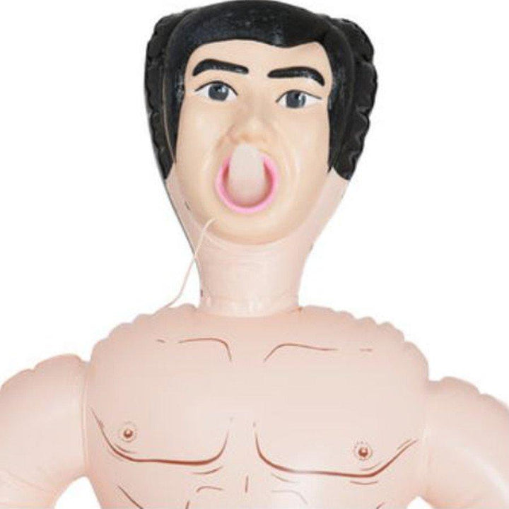 Close up of the inflatable male sex doll's face with vibrating tongue