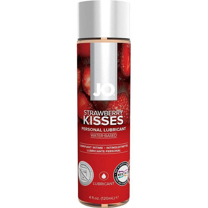 Image of the 4 ounce strawberry kisses lube! This edible lubricant is Non Toxic, Non Staining and Latex Safe! Perfect to use during oral and tastes great!