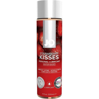 Image of the 4 ounce strawberry kisses lube! This edible lubricant is Non Toxic, Non Staining and Latex Safe! Perfect to use during oral and tastes great!