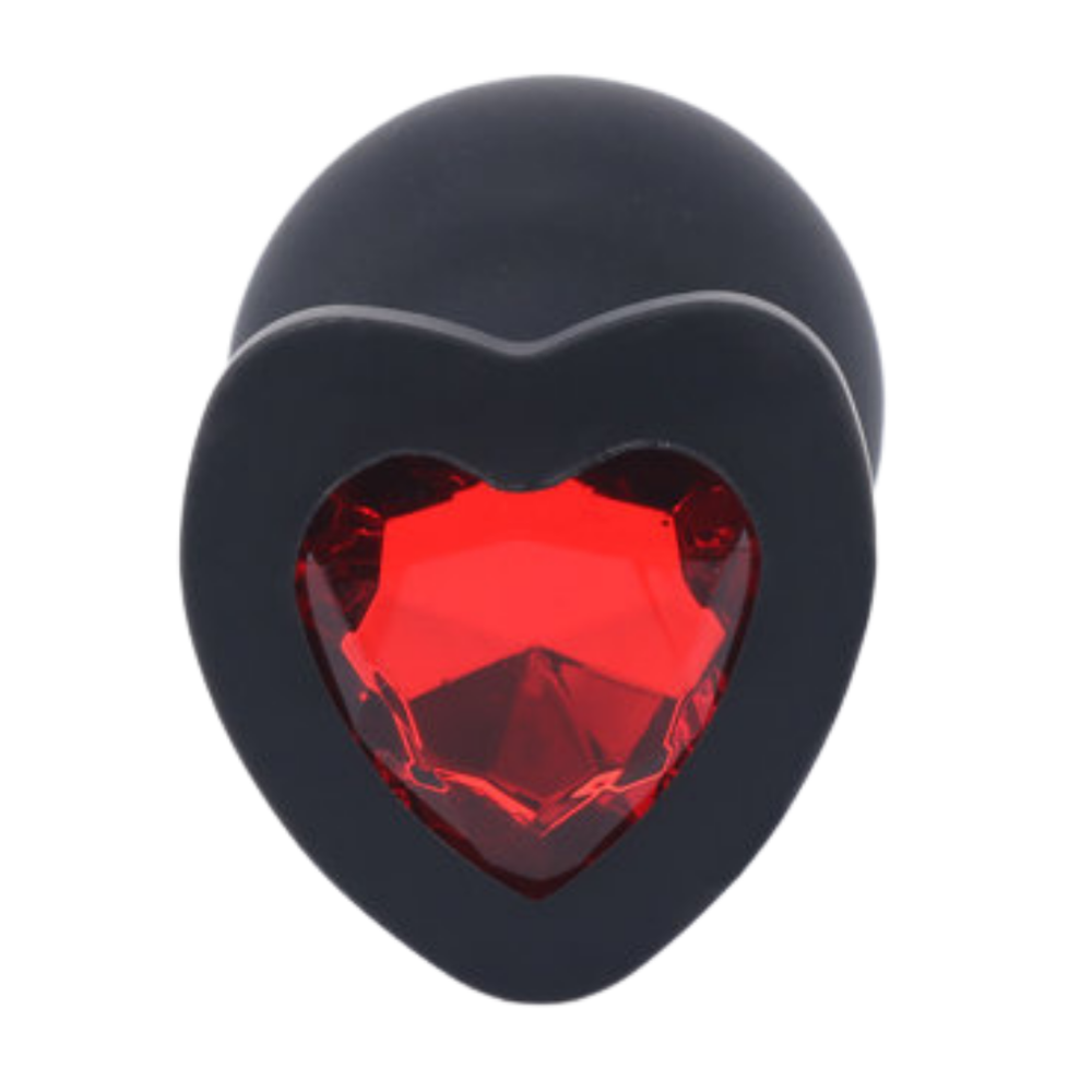 Image of the black butt plug showing the red heart jewel.