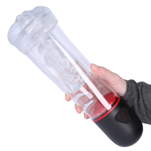 Image of the penis pump and stroker held in hand.