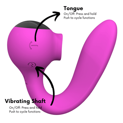 photo of the your form vibrator buttons. Tongue: On/Off: Press and hold. Push to cycle functions. Vibrating Shaft: On/Off: Press and hold. Push to cycle functions.