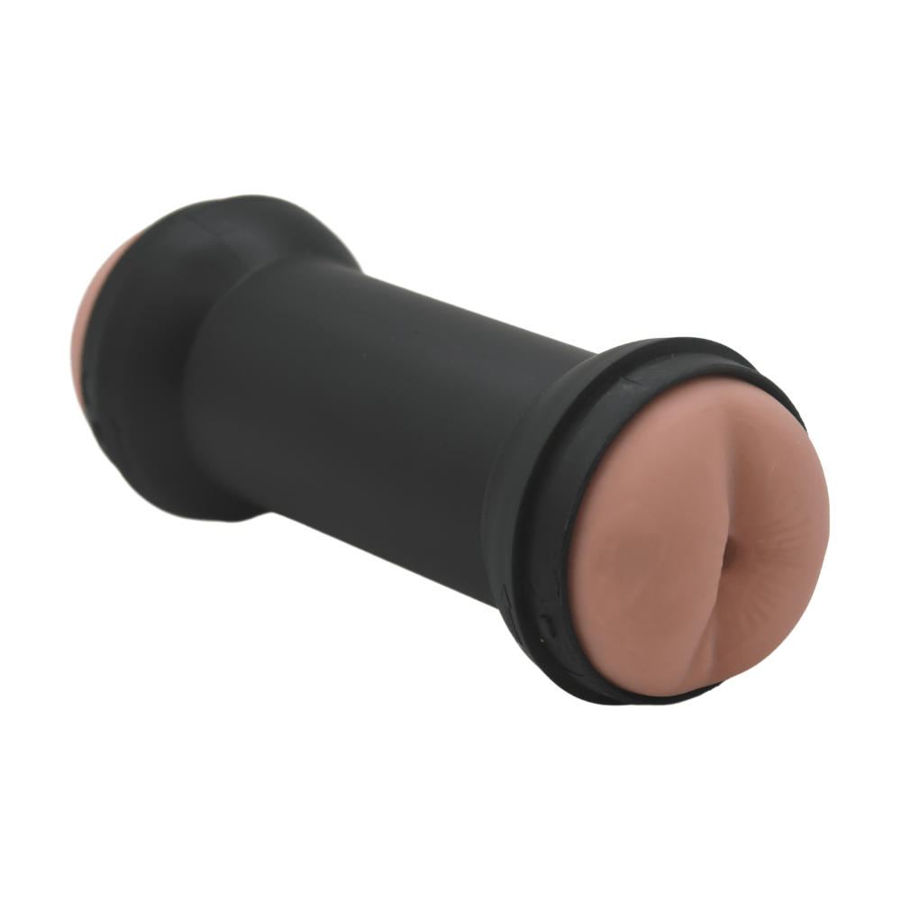 Image of the masturbator slightly turned from the side, showing the ass end.