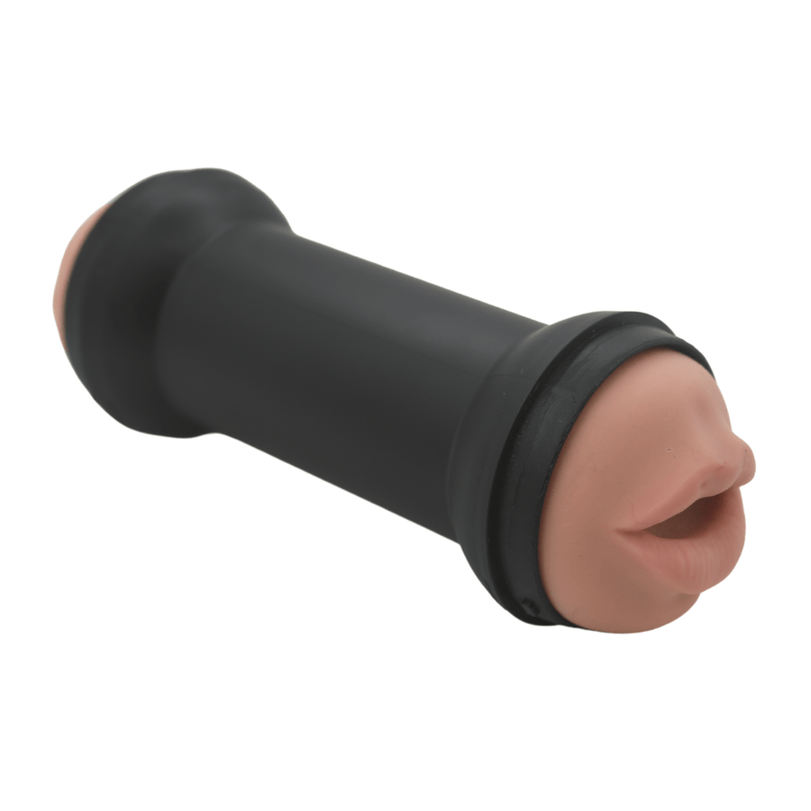 Image of the masturbator slightly turned to the side, showing the end with the mouth stroker.