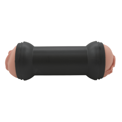 Image of side of masturbator with hard plastic protective cover.