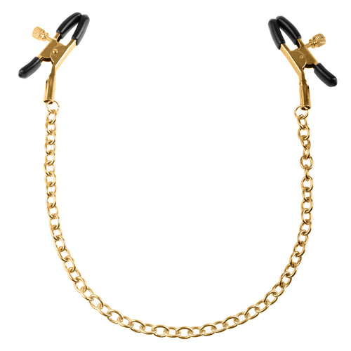 Image of the Fetish Fantasy Gold Chain Nipple Clamps. These sexy bondage nipple clips are connected with a gold chain that delivers added sensations with every movement.