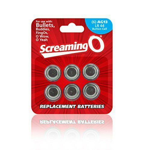 Screaming O LR 44 Button Cell batteries in package. For use with bullets, buddies, fingOs, O Wow, O Yeah. Replacement batteries