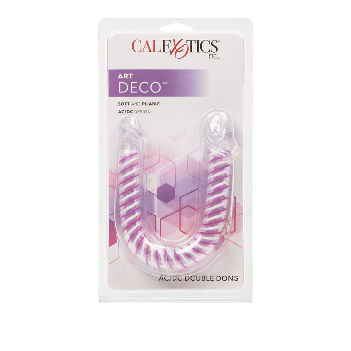 Image of the packaging of the dong. The packaging says "Art Deco. Soft and pliable. AC/DC Design. AC/DC double dong."