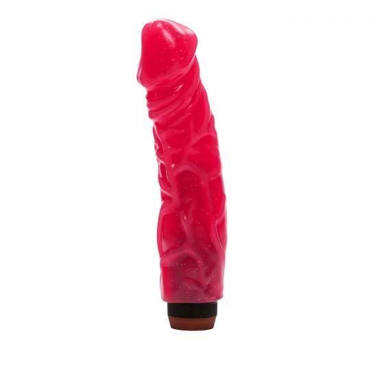 Red vibrating jelly dildo with realistic veins