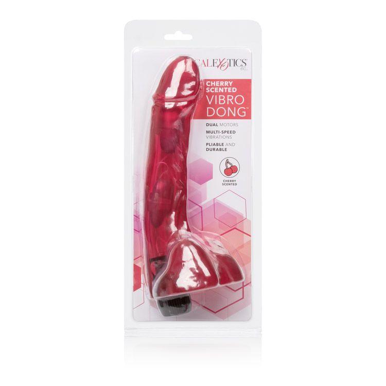 Cherry scented vibrating dildo in plastic packaging
