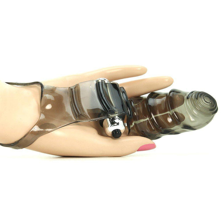 Hand shown wearing vibrating finger glove
