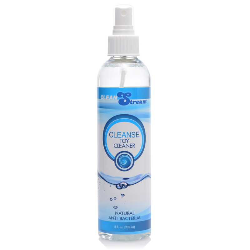 Image of the front of the toy cleaner bottle. This natural anti-bacterial cleaner is perfect for cleansing your sex toys so that they are safe and ready to use whenever you are!